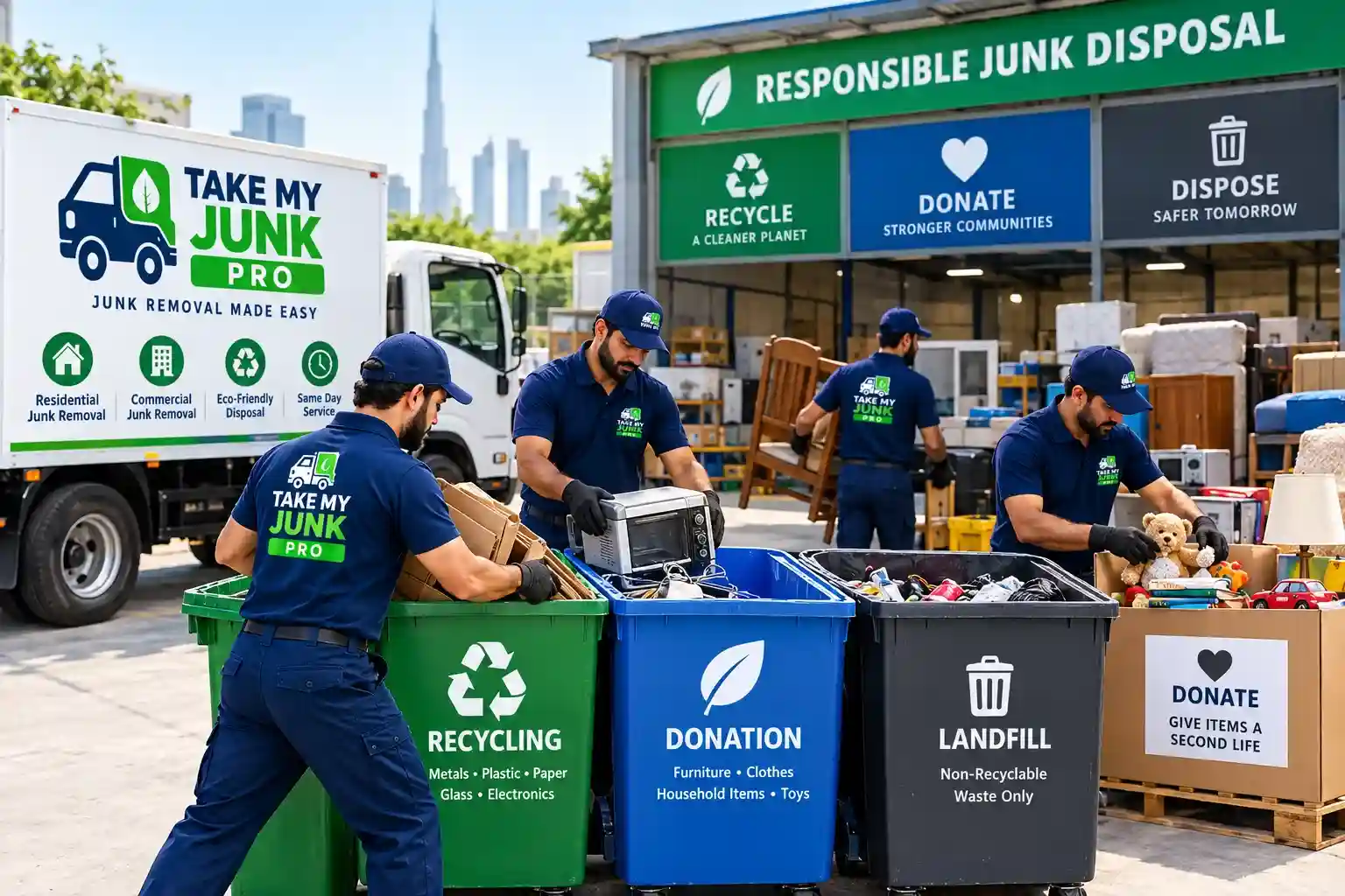 Junk removal crew sorting collected items into recycling and charity categories at a responsible waste facility in the UAE