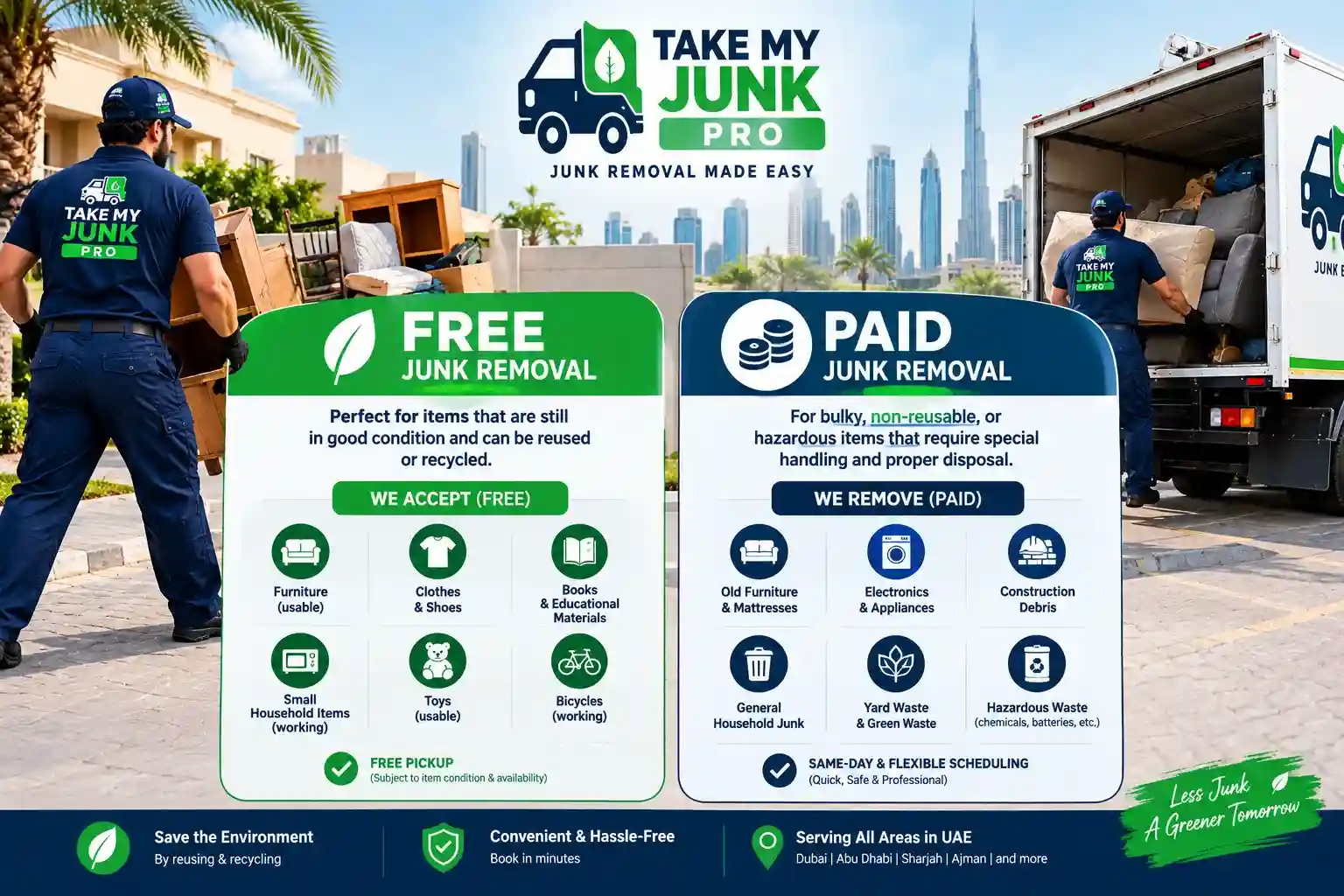 Visual comparison of free and paid junk removal options in the UAE showing the types of items each service handles