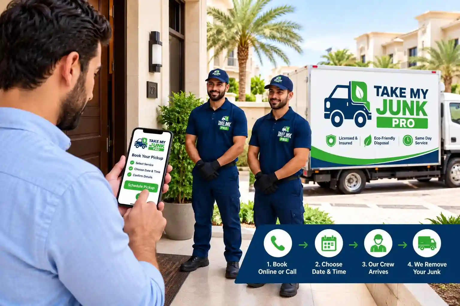 A homeowner scheduling a fast junk removal pickup via phone while a professional crew stands ready at the front door