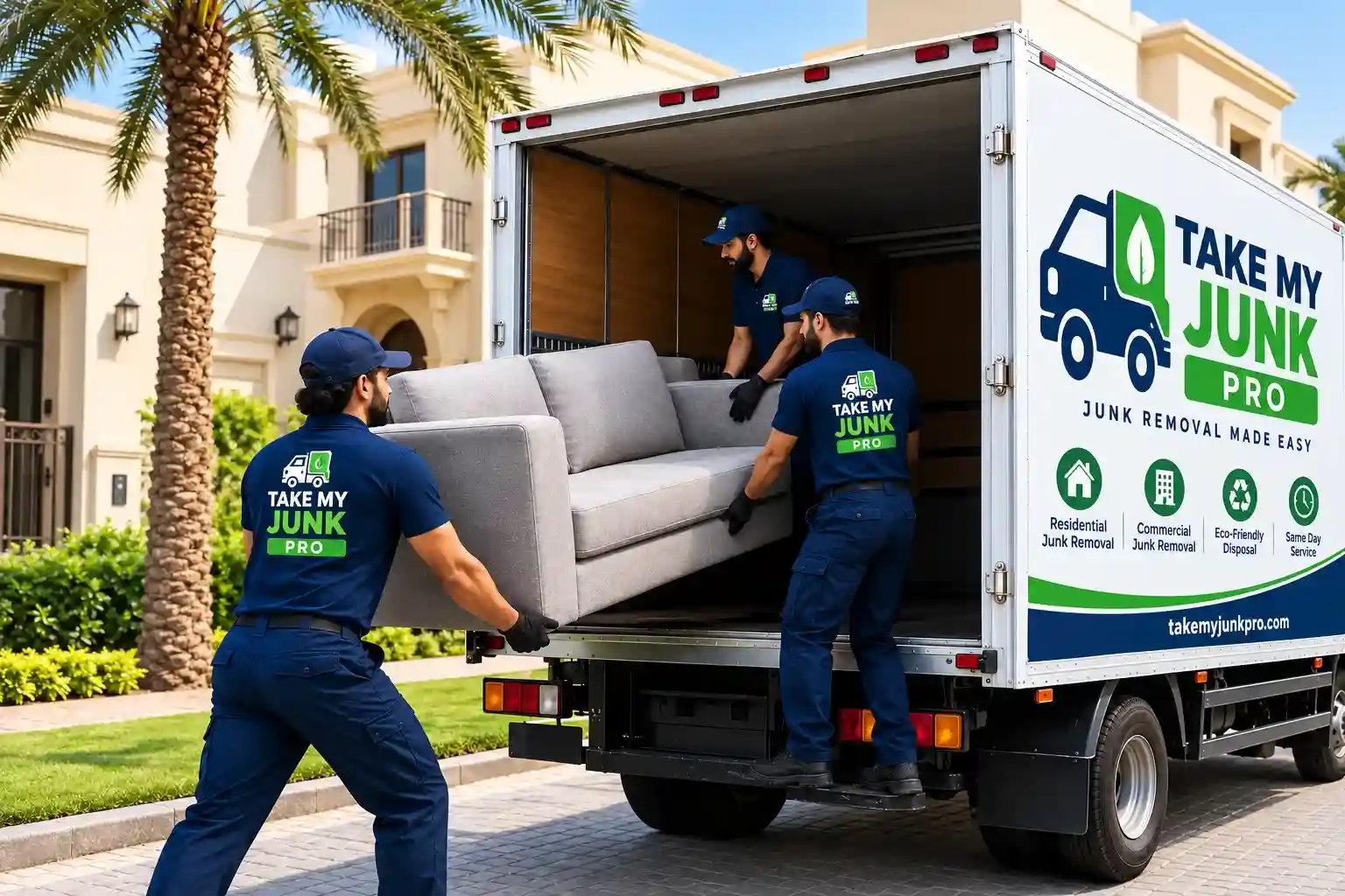 A licensed and insured junk removal crew efficiently loading a hauling truck outside a residential villa in Dubai