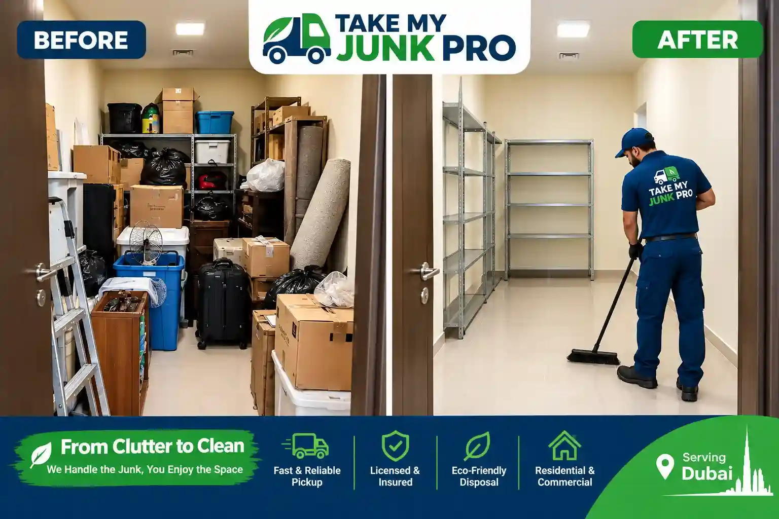 Before and after comparison of a Dubai apartment storage room cleared through a professional residential junk removal service