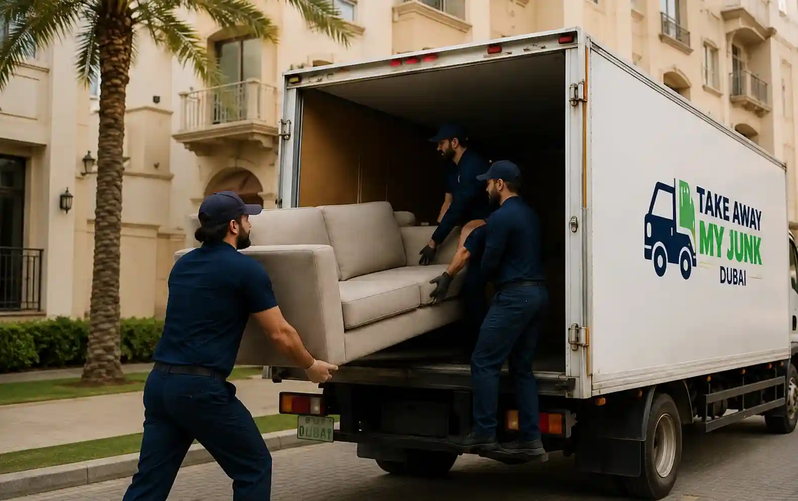 Professional junk removal team loading a sofa into a truck for eco-friendly disposal in Dubai