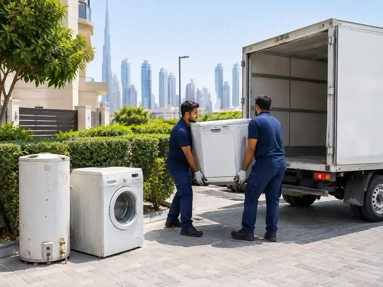 Two workers lifting an old dishwasher toward a pickup truck, with an old water heater and washing machine waiting nearby in Dubai