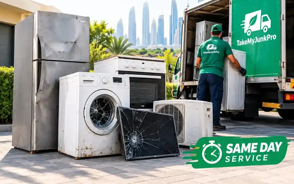 Old fridge and washing machine waiting for collection in a Dubai home