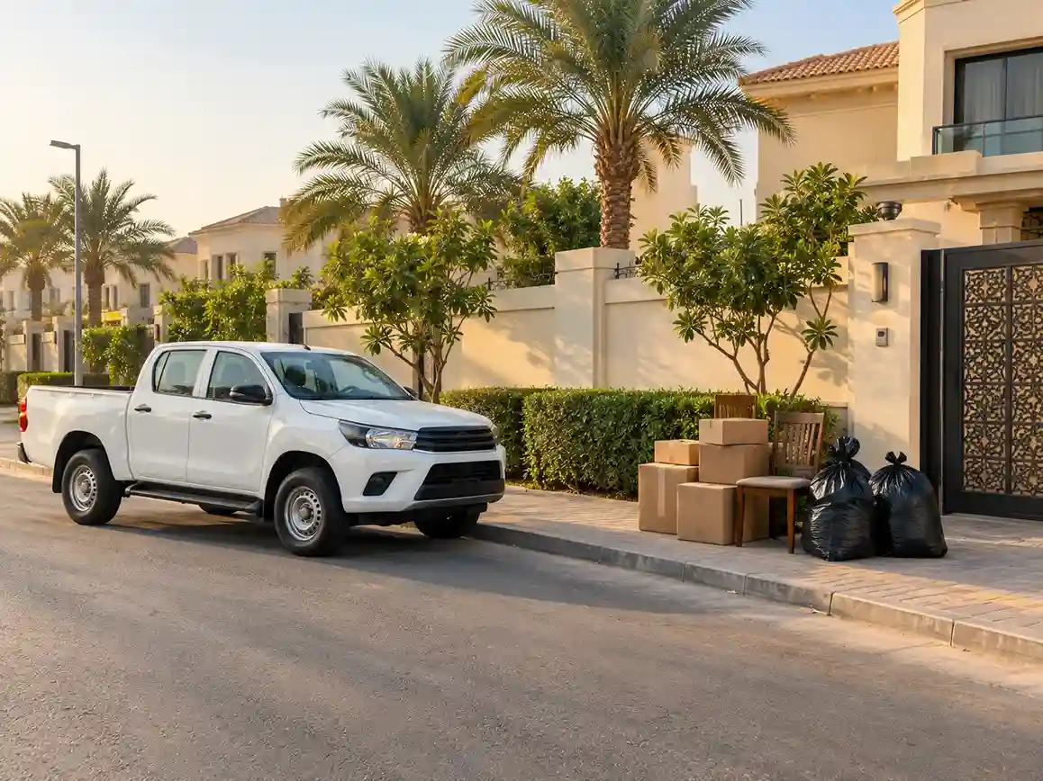 Boxes and an old chair waiting at a villa gate beside a parked pickup truck