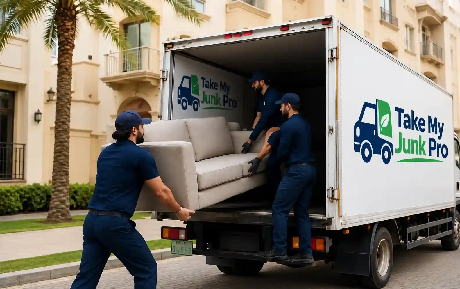 Team carrying an old sofa from an apartment tower to a van for pickup in Dubai