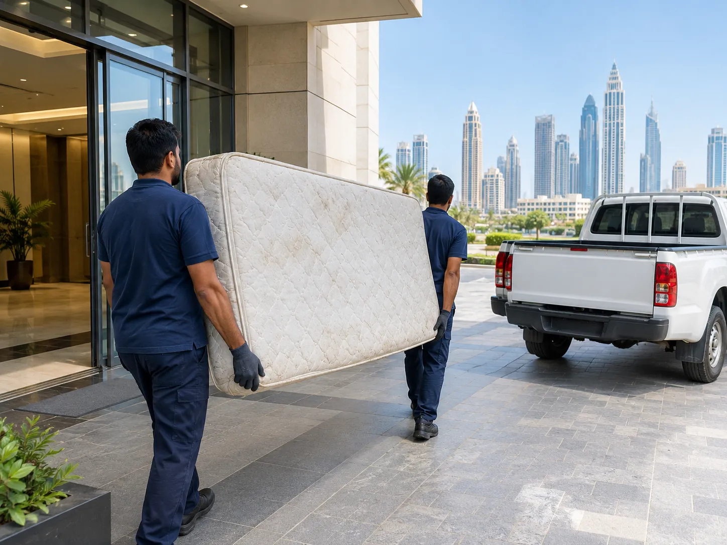 Two workers carrying an old mattress out of a Dubai apartment building to a truck
