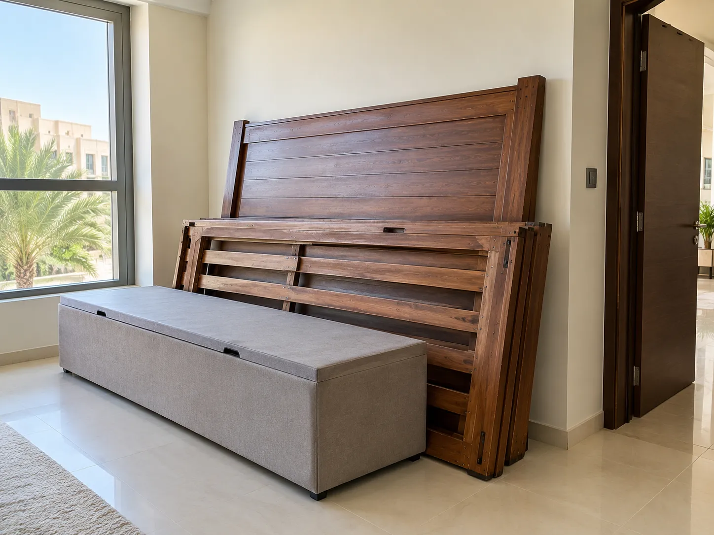 Old wooden bed frame, base and headboard stacked in a Dubai villa room ready for collection
