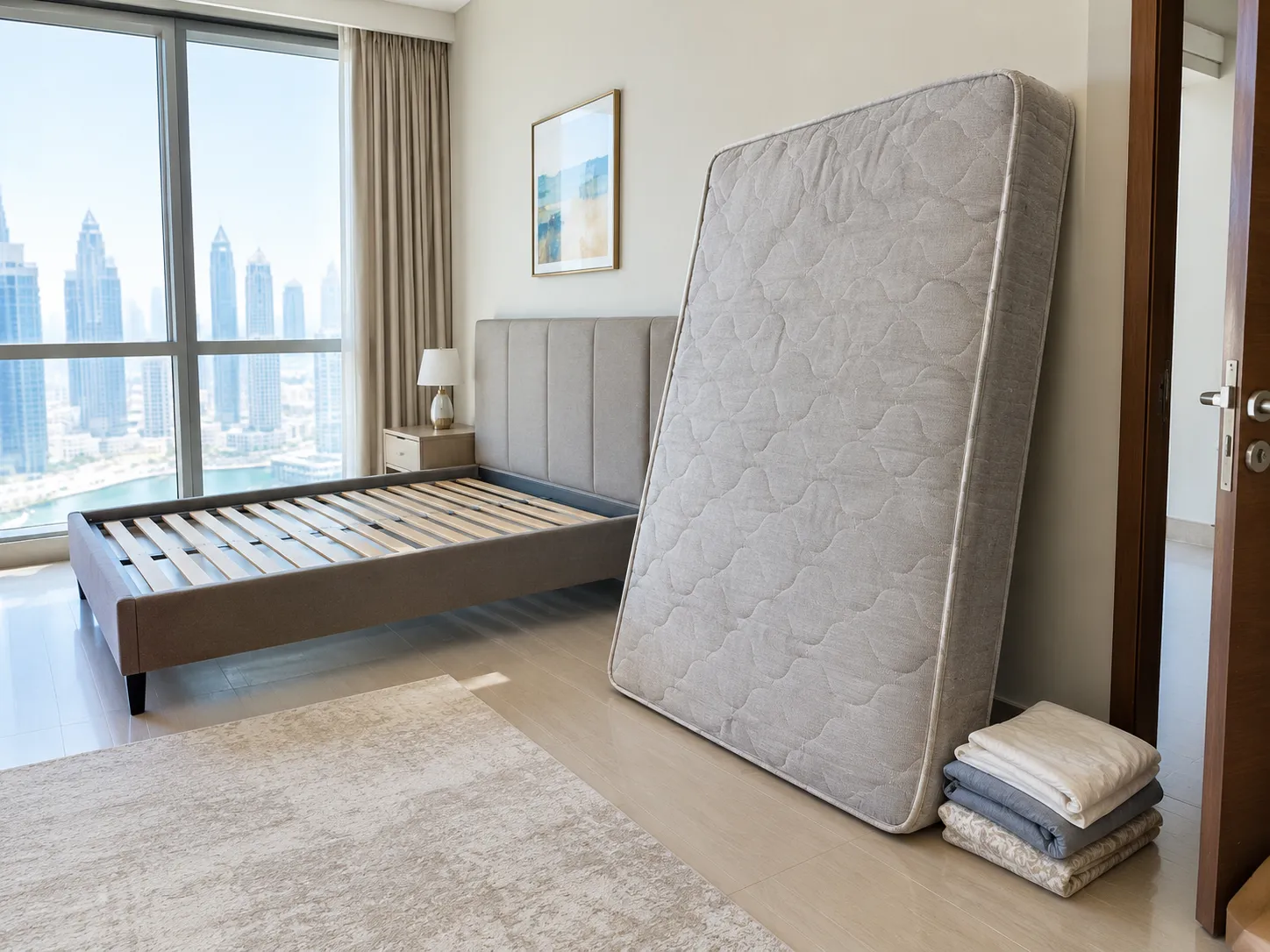 Old mattress standing against a bedroom wall in a Dubai apartment, ready for collection