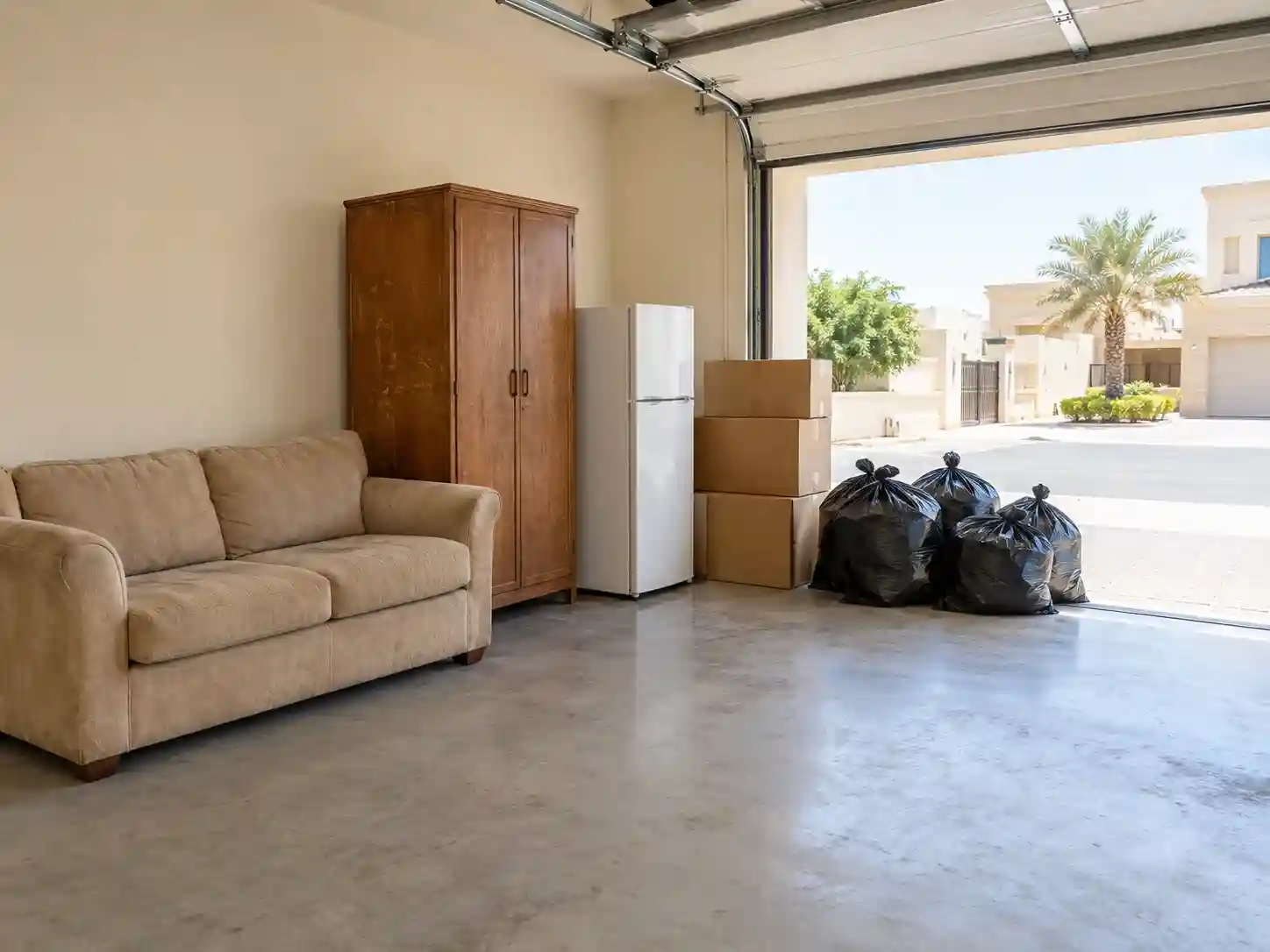 Old sofa, wardrobe, fridge, boxes and bags grouped in a villa garage ready for pickup